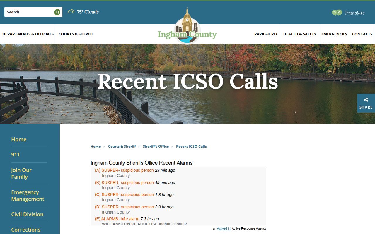 Ingham Sheriff recent calls screen used to distinguish calls from arrest reports