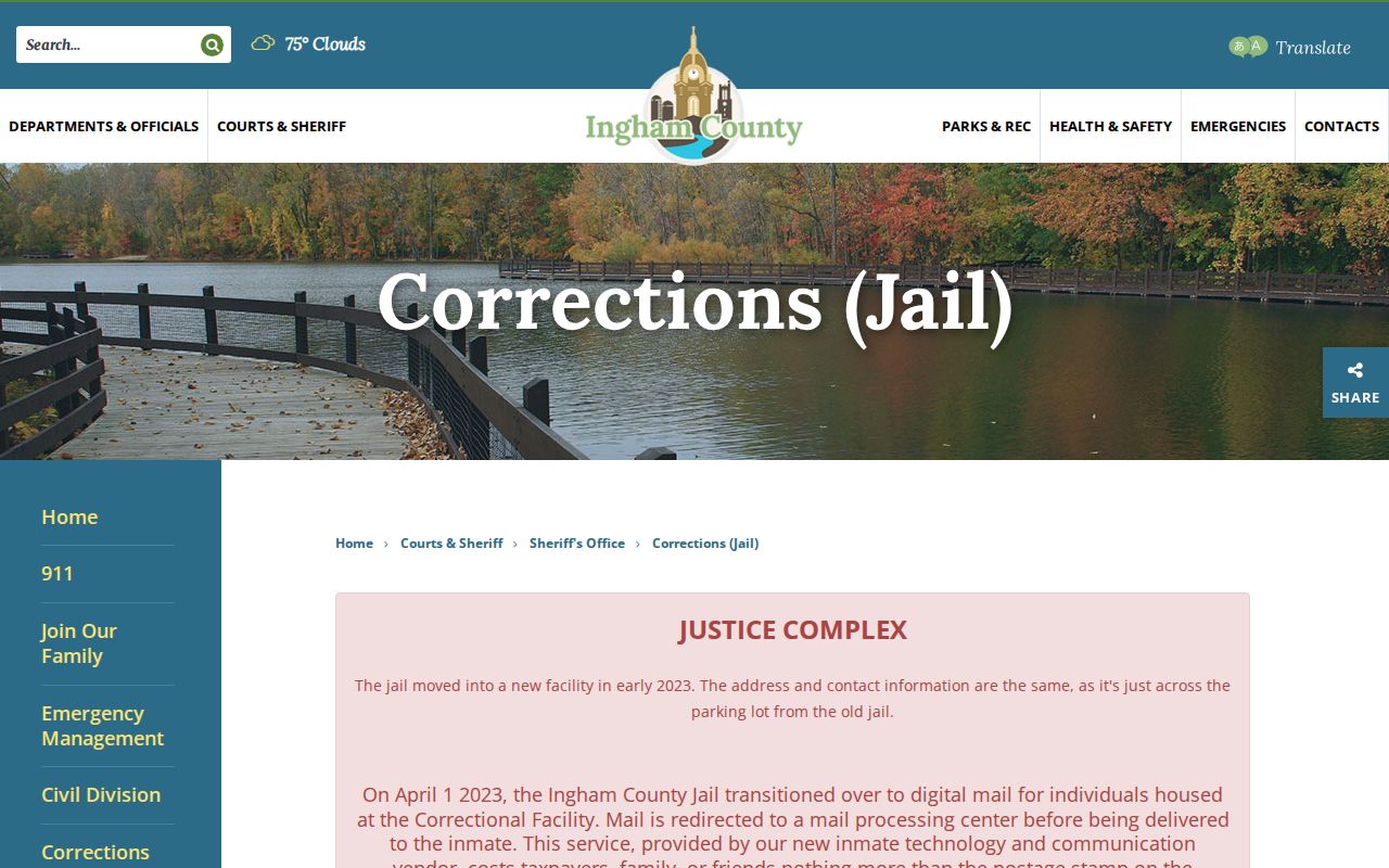 Official Ingham County Sheriff Corrections page with jail contact information