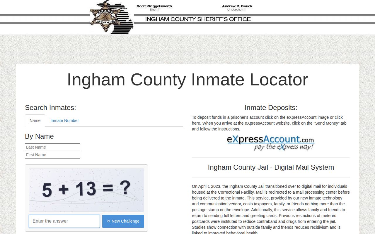 Ingham County Inmate Locator name and inmate number search screen