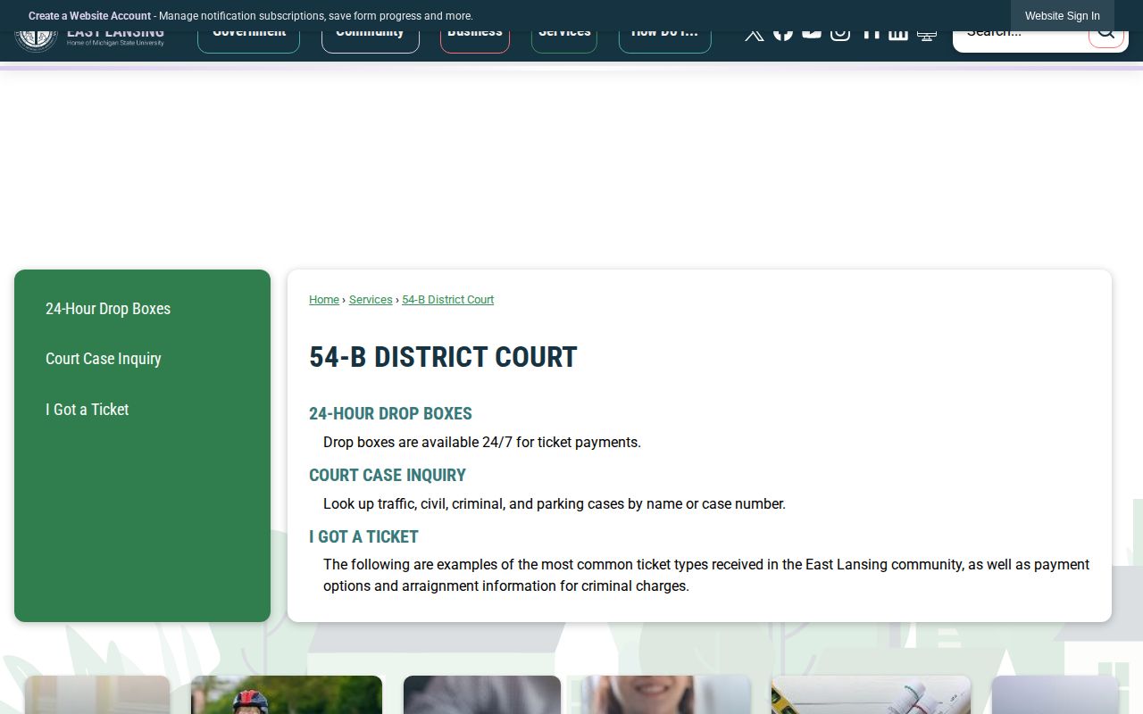 Official 54-B District Court page serving East Lansing