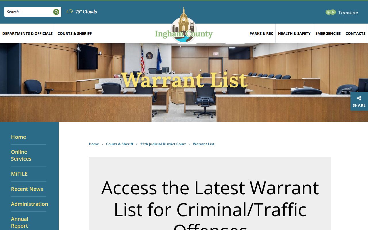 55th District Court criminal and traffic warrant list page