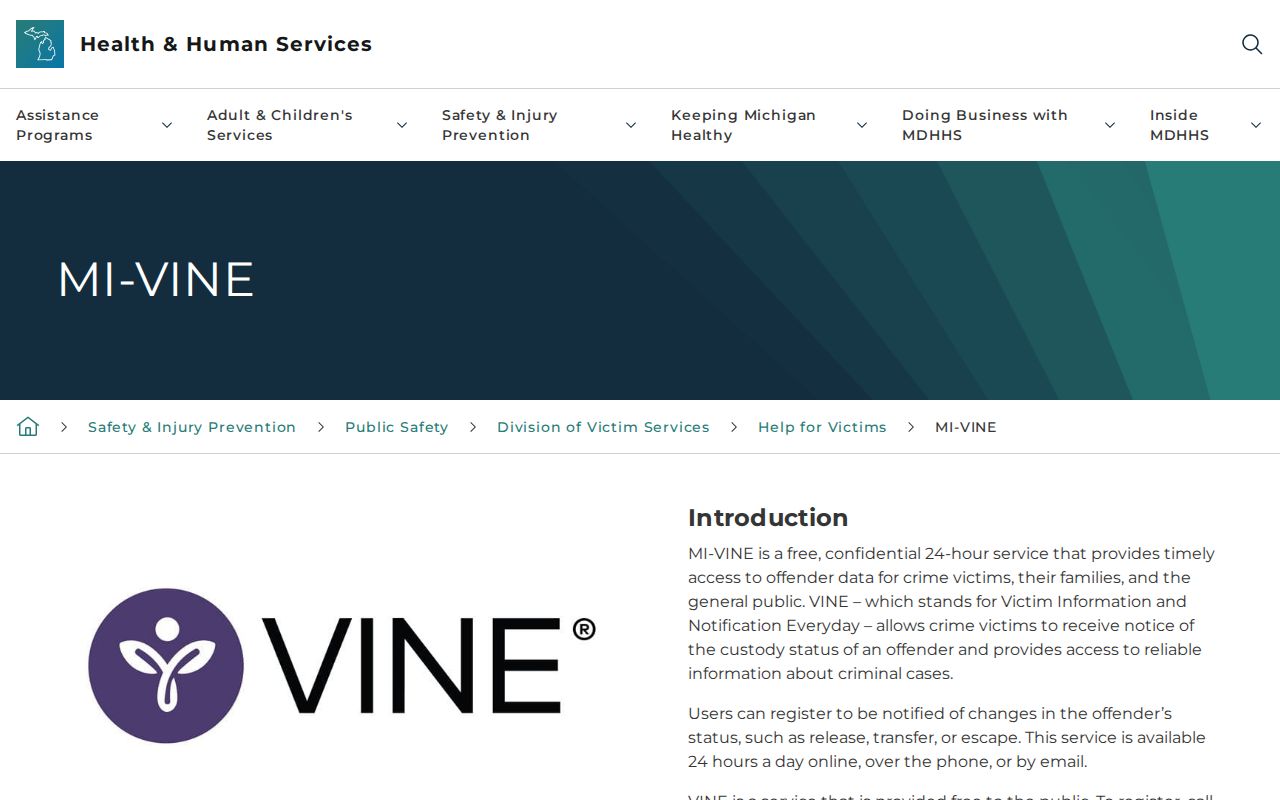 Michigan MI-VINE program information page