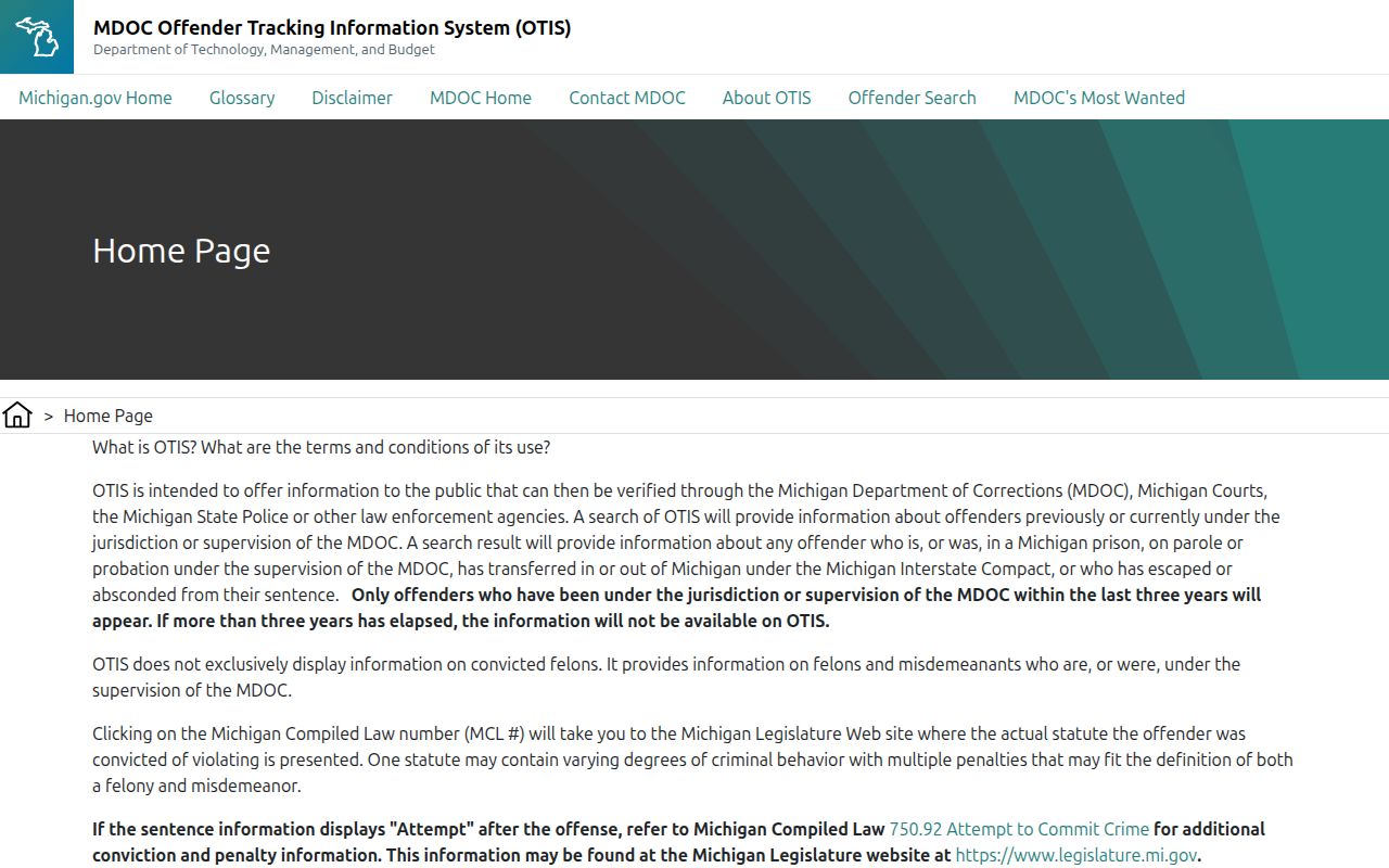 Michigan Department of Corrections OTIS search interface